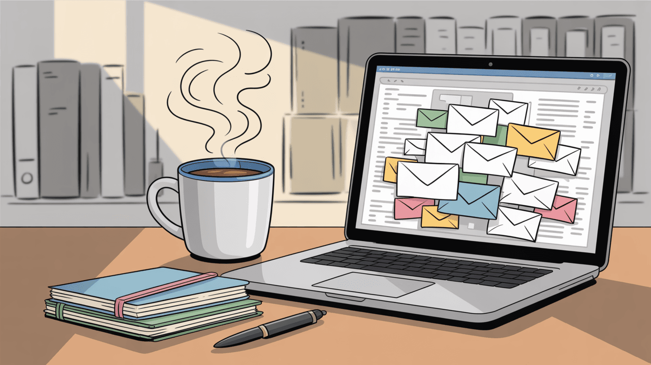 Morning coffee next to laptop showing chaotic email inbox illustrating cold email frustration