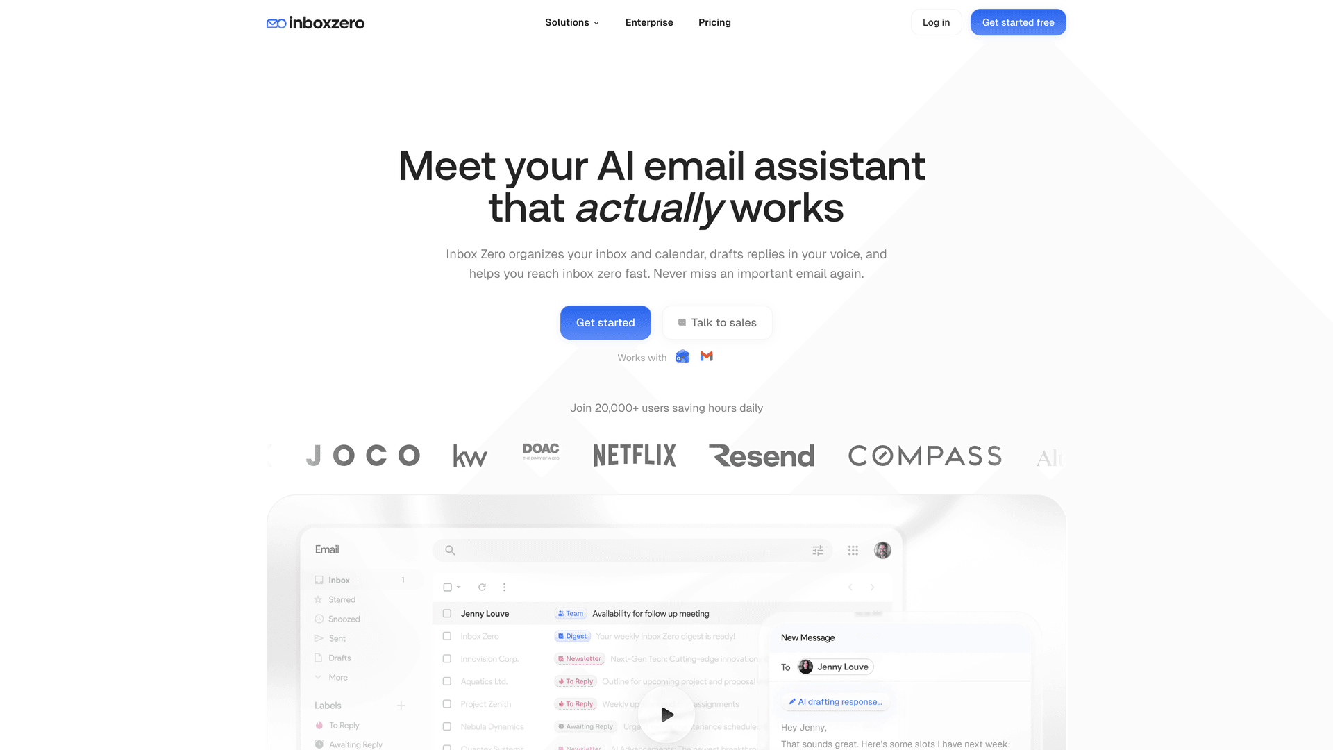 Inbox Zero homepage showing the headline "Meet your AI email assistant that actually works" with product UI and customer logos including Netflix