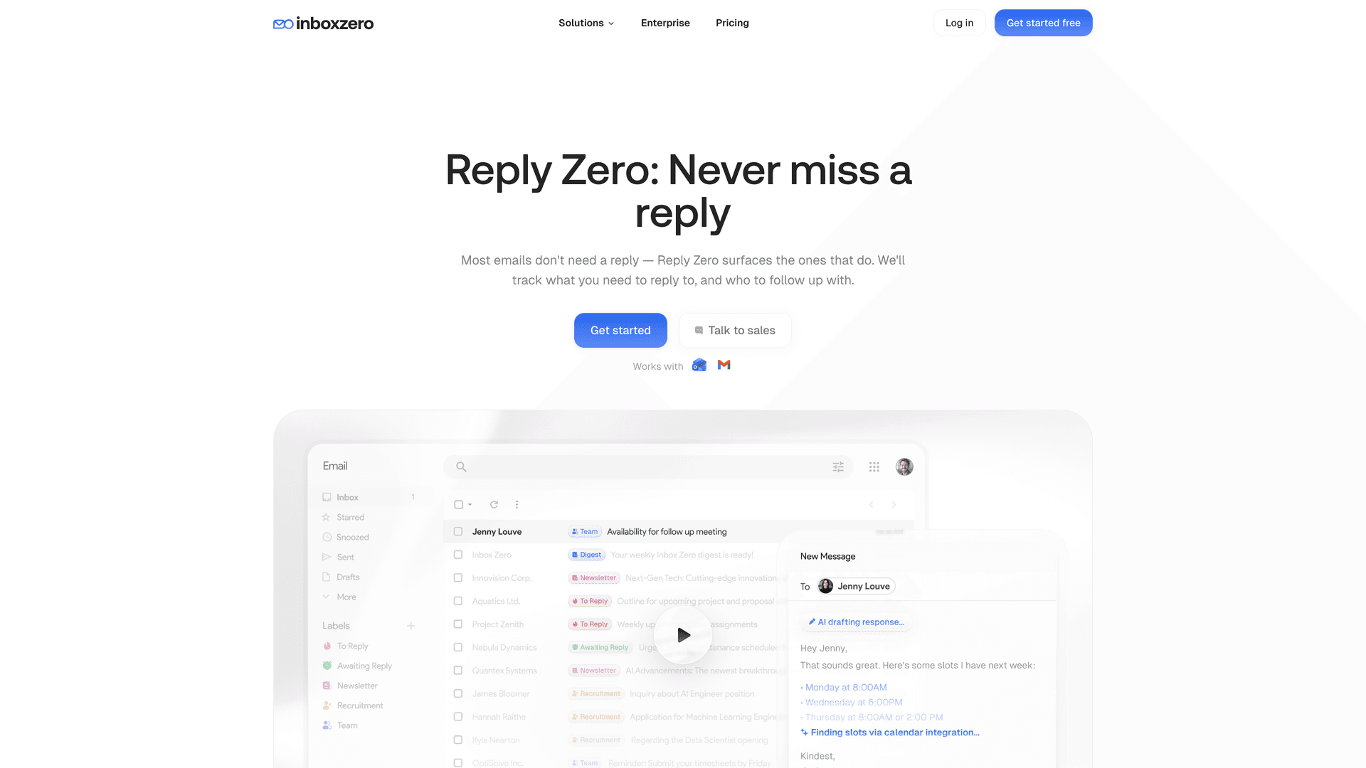 Inbox Zero Reply Zero feature page showing the headline "Never miss a reply" with product UI displaying To Reply and Awaiting Reply inbox labels