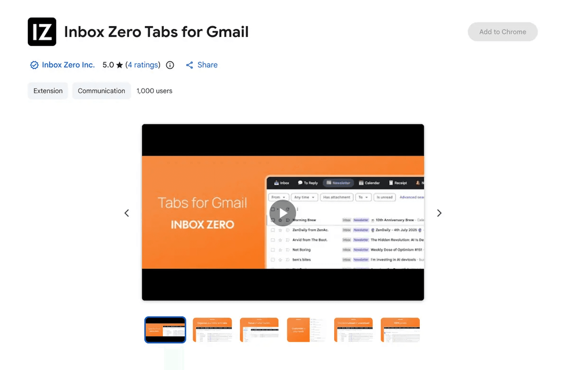 Inbox Zero Tabs for Gmail Chrome Web Store listing showing 5.0 star rating, 1,000 users, and the extension preview with custom Gmail tab navigation