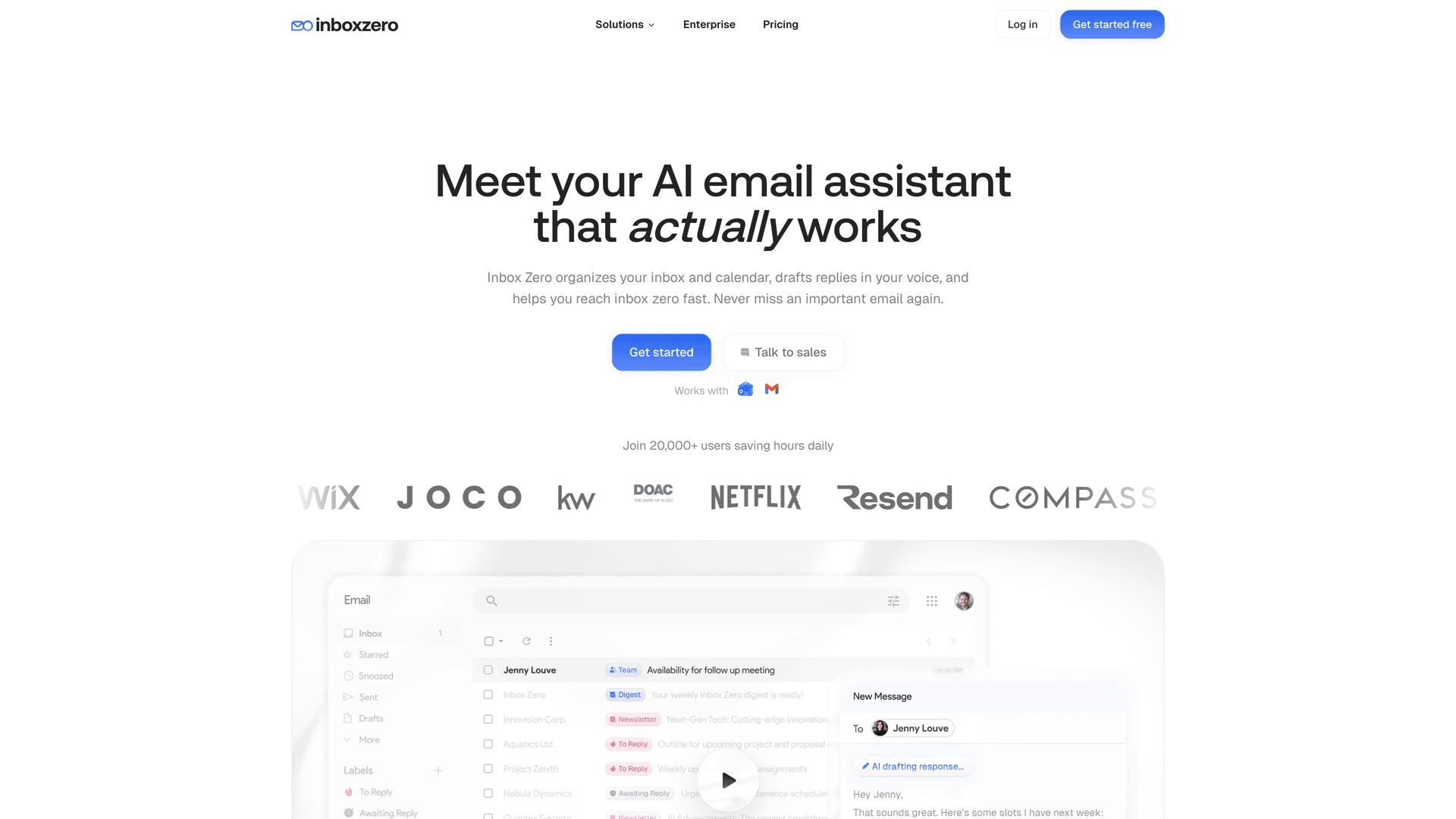 Inbox Zero homepage showing the AI email assistant hero section with product UI preview and customer logo bar