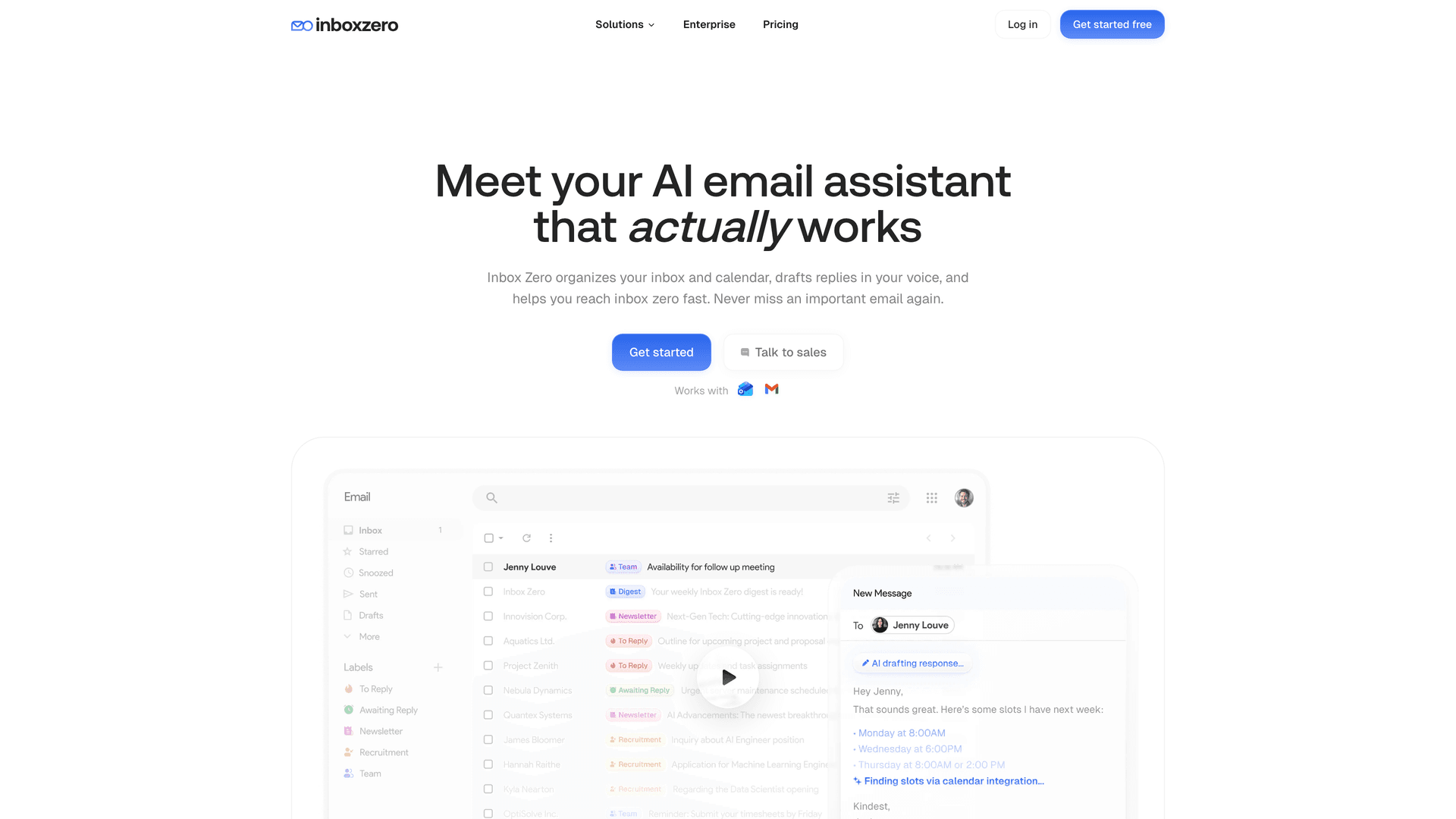 Inbox Zero AI email assistant homepage showing the automated inbox management platform for Gmail and Microsoft 365