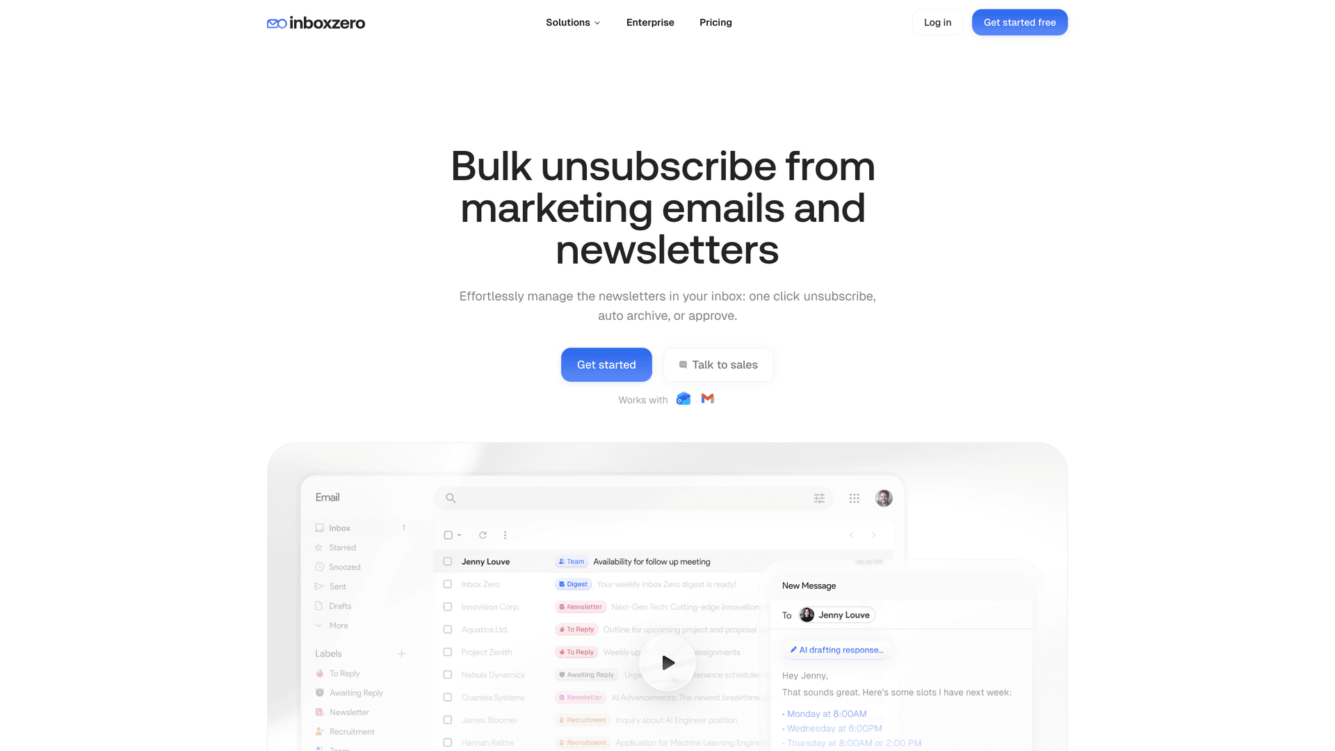 Inbox Zero Bulk Email Unsubscriber feature page showing "Bulk unsubscribe from marketing emails and newsletters" with one-click unsubscribe, auto-archive, and approve controls