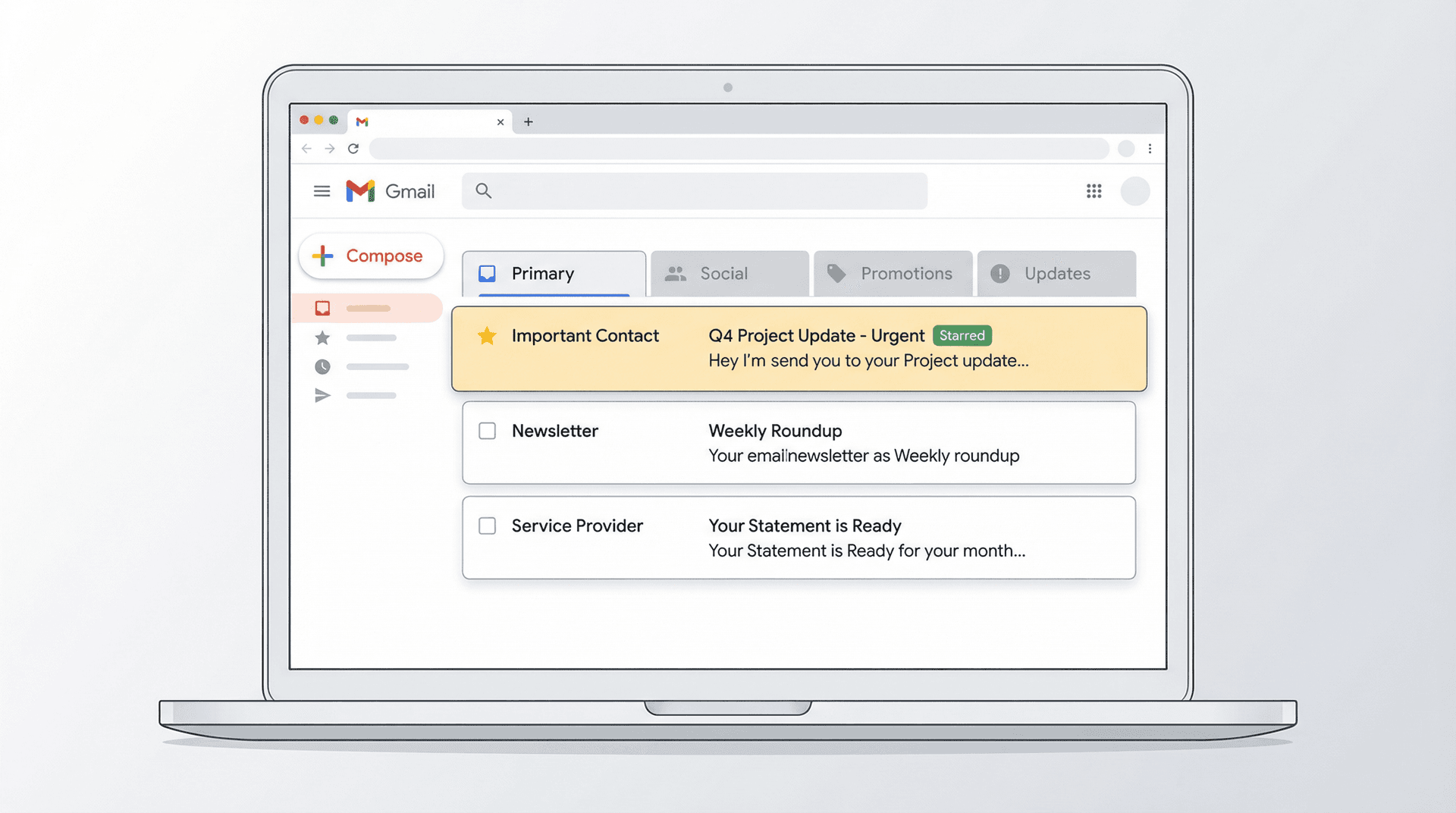 Gmail tabbed inbox showing a starred email pinned in the Primary tab while Promotions and Updates tabs remain separate