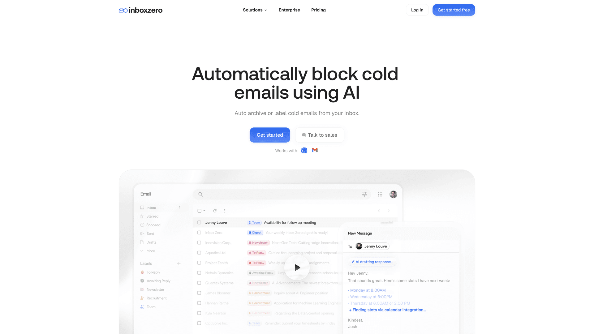 Inbox Zero Cold Email Blocker feature page showing "Automatically block cold emails using AI" with auto-archive and label modes and a live inbox preview