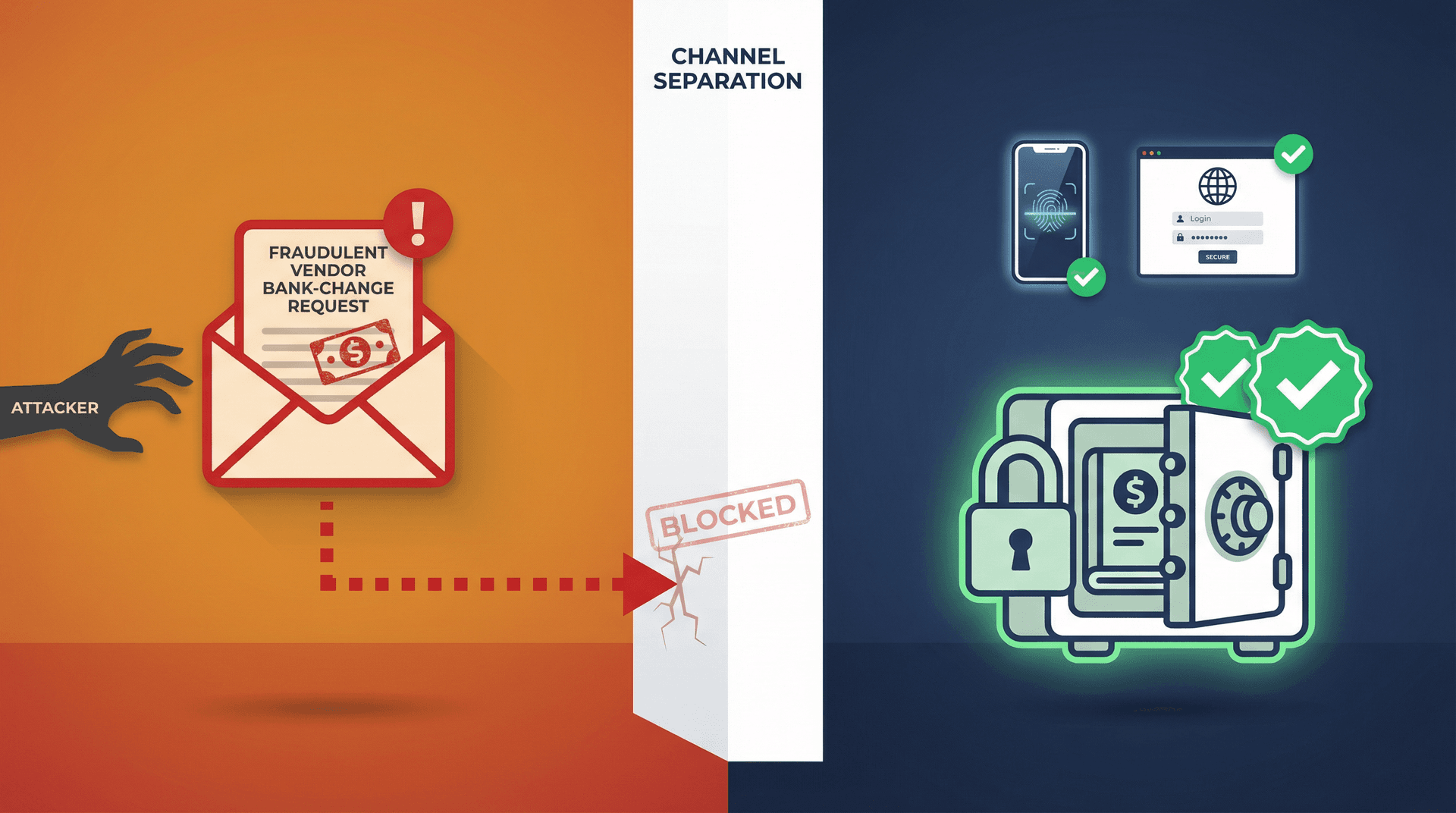Email channel blocked from payment approval vault, illustrating Business Email Compromise prevention