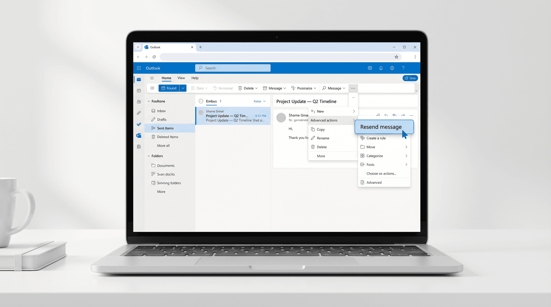 Outlook web interface showing the Advanced Actions menu open with Resend message option highlighted in blue