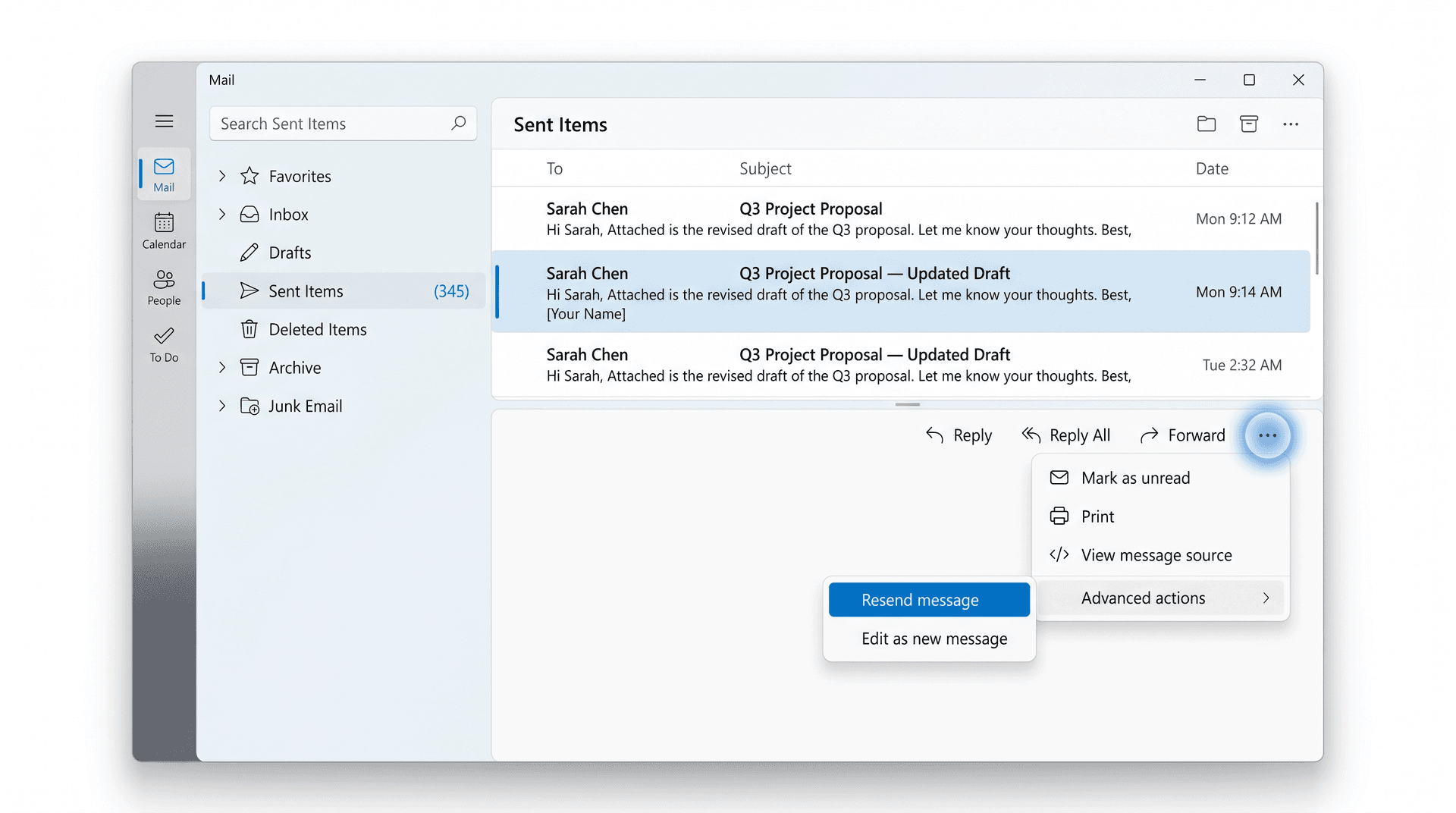 New Outlook for Windows UI showing the three-dot menu open with Advanced actions submenu revealing the Resend message option