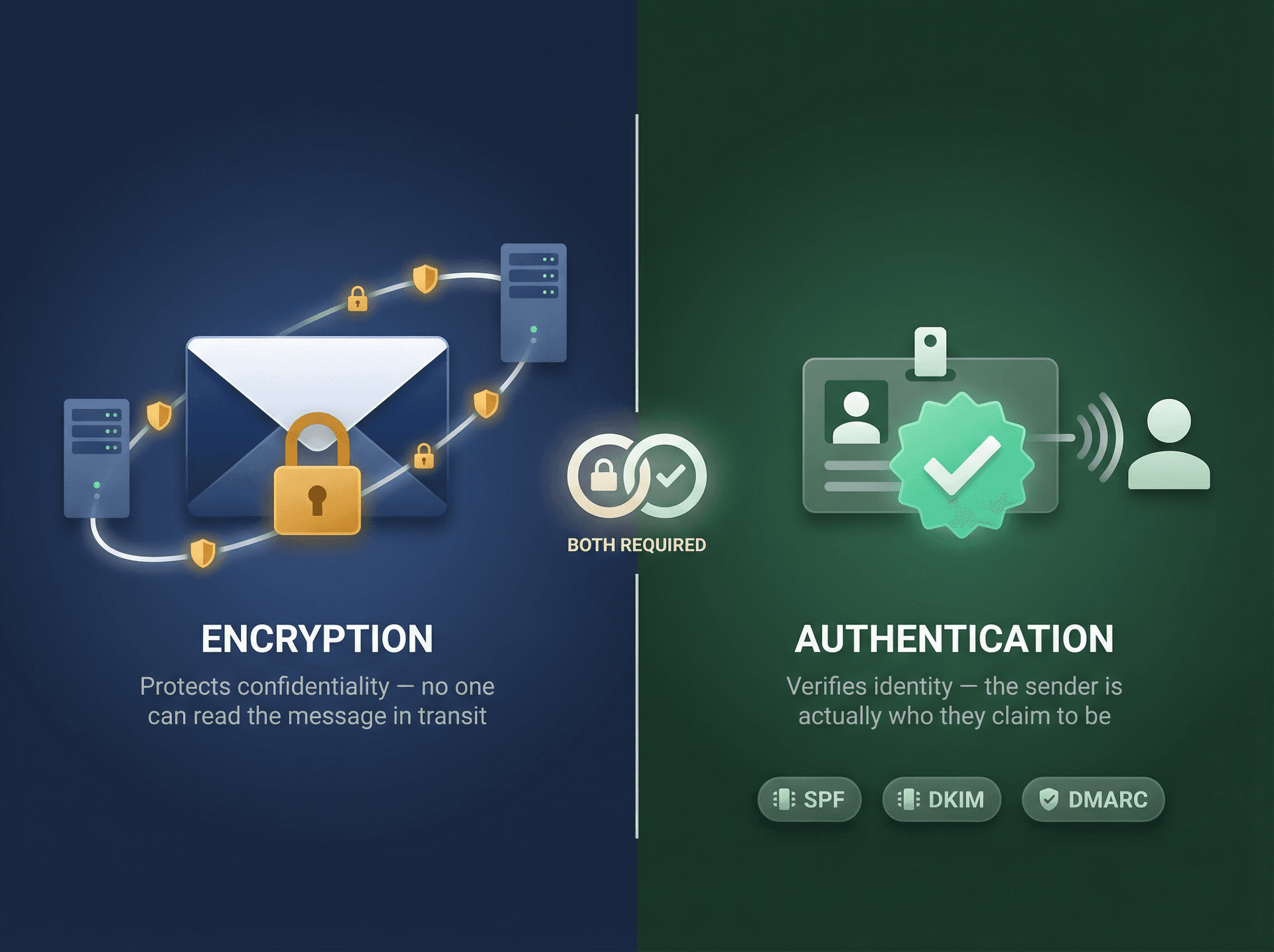 Split editorial illustration showing email encryption protecting confidentiality on the left and email authentication verifying sender identity on the right