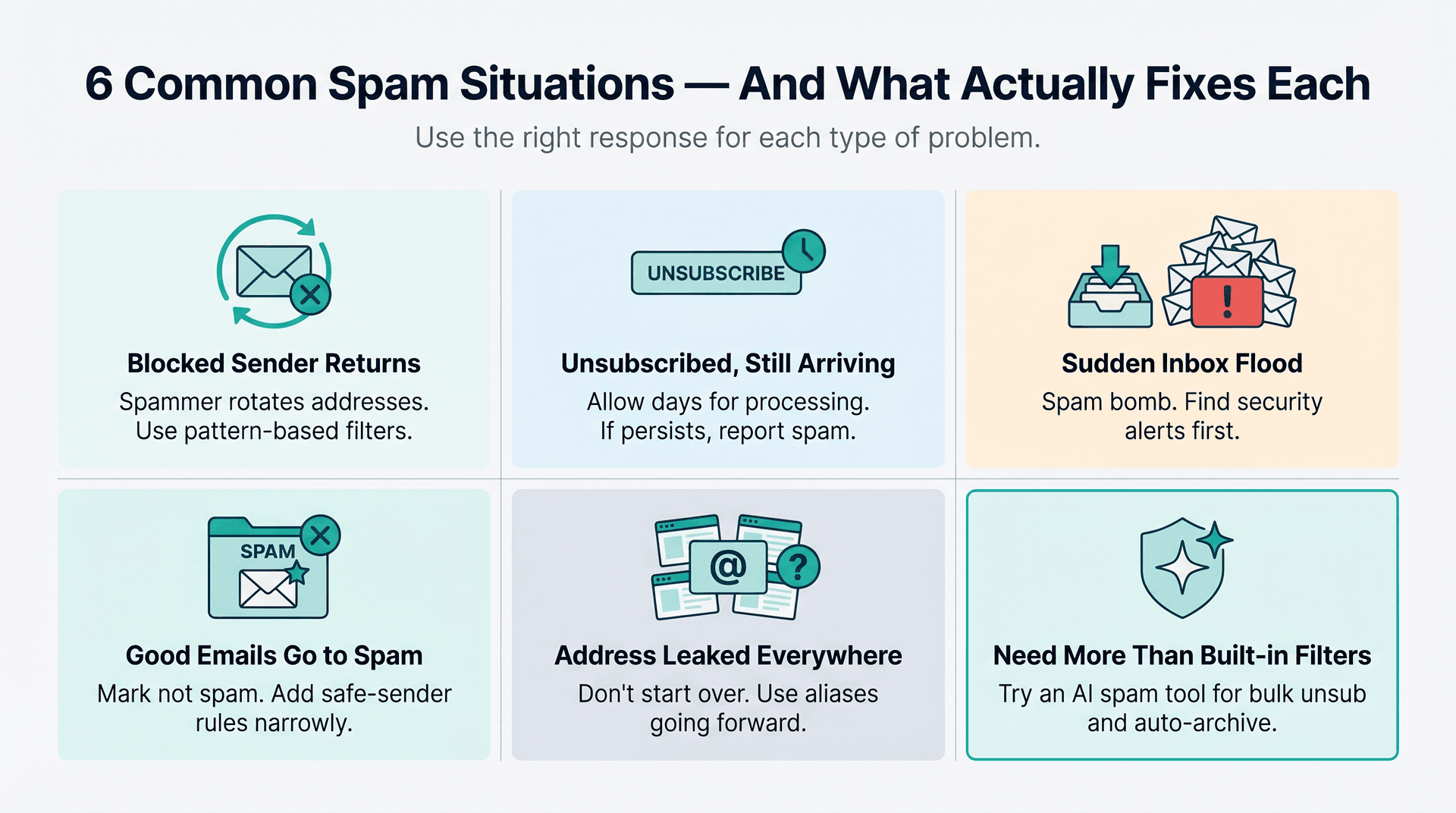Six-panel illustrated guide showing common spam problems and their fixes, including spam bombs, rotating senders, and false positives