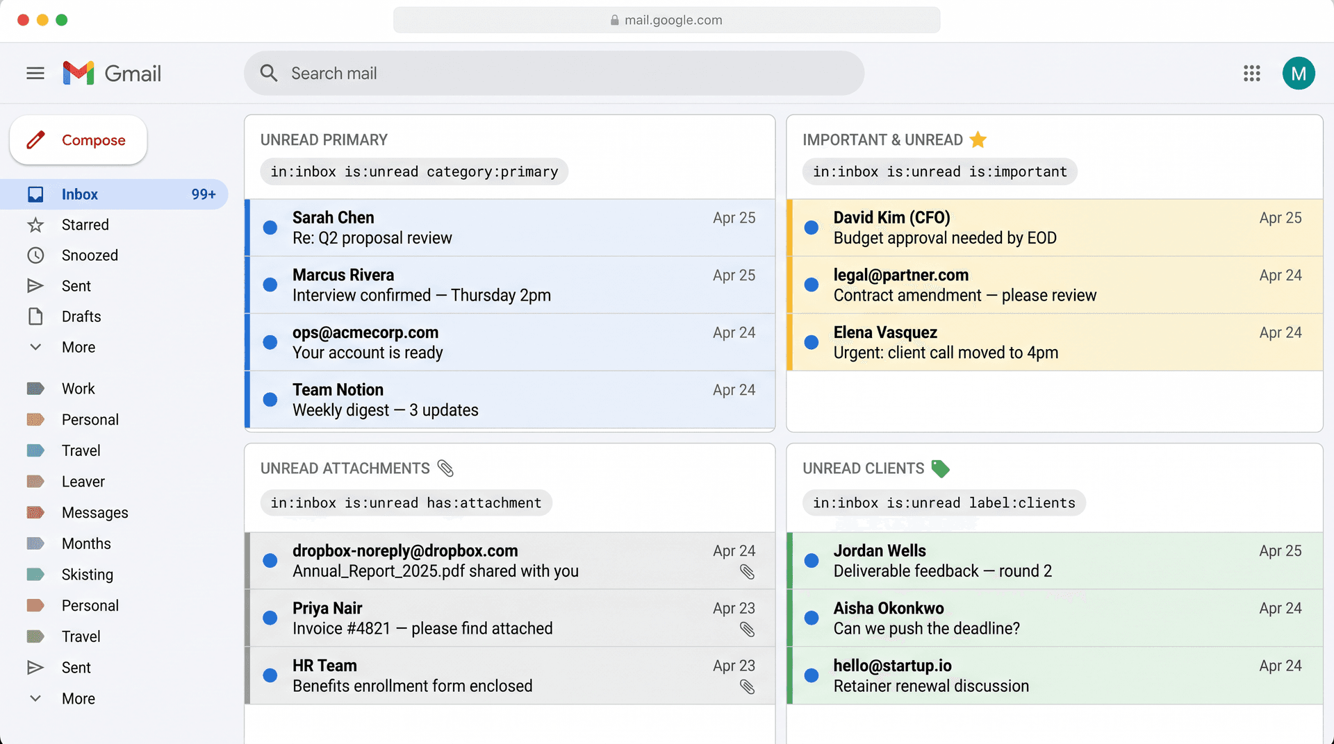 Gmail Multiple Inboxes dashboard with four custom panels: Unread Primary, Important & Unread, Unread Attachments, and Unread Clients