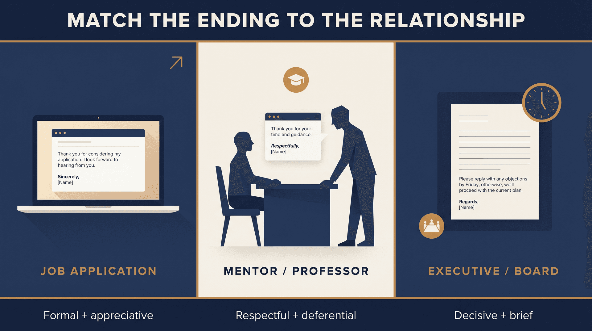 Three-panel illustration showing email closing lines for job applications, professors, and executive emails with context-appropriate sign-offs