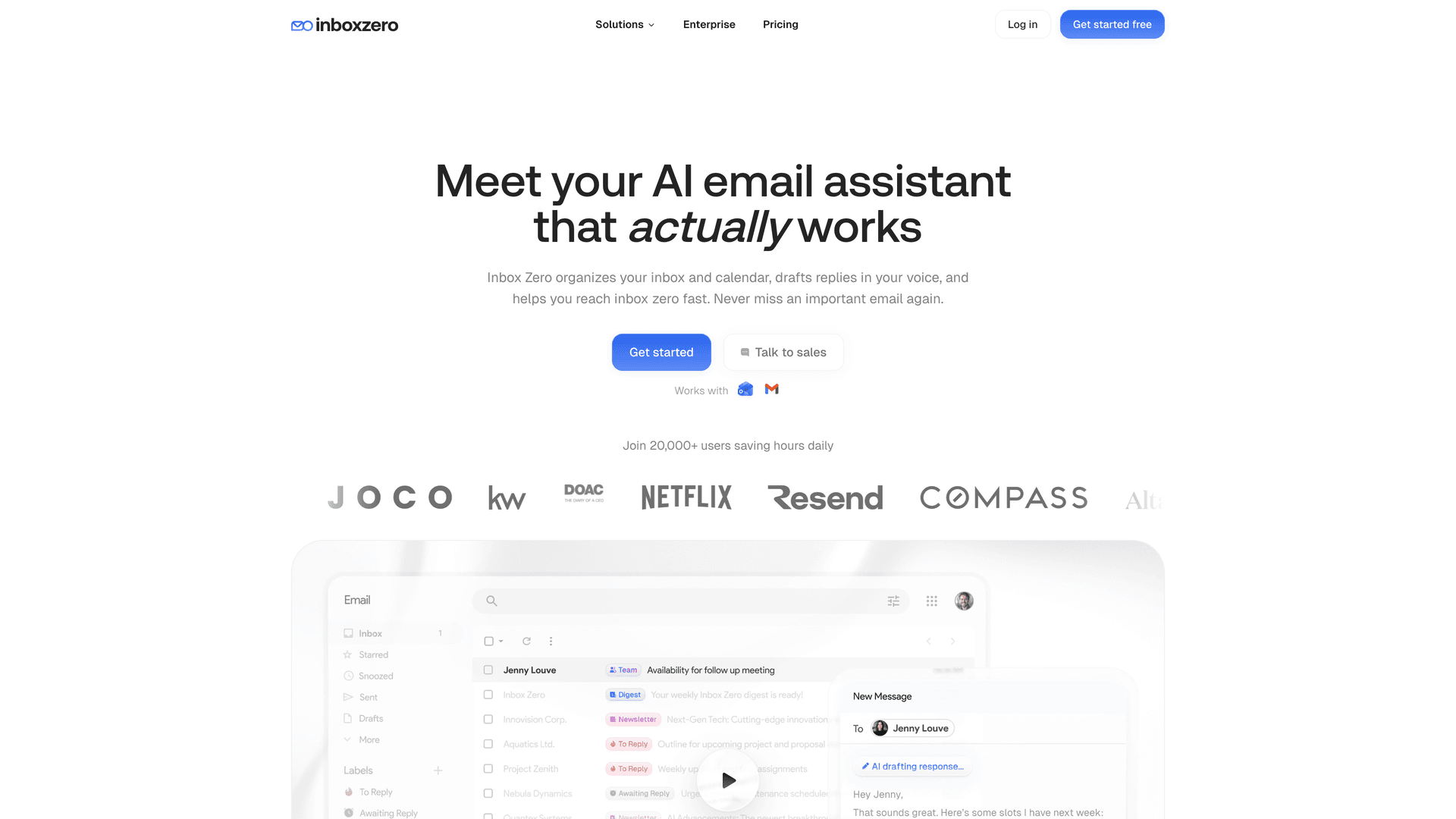 Inbox Zero homepage showing the AI email assistant hero — "Meet your AI email assistant that actually works" — with social proof logos including Netflix and Resend, and a live inbox UI preview