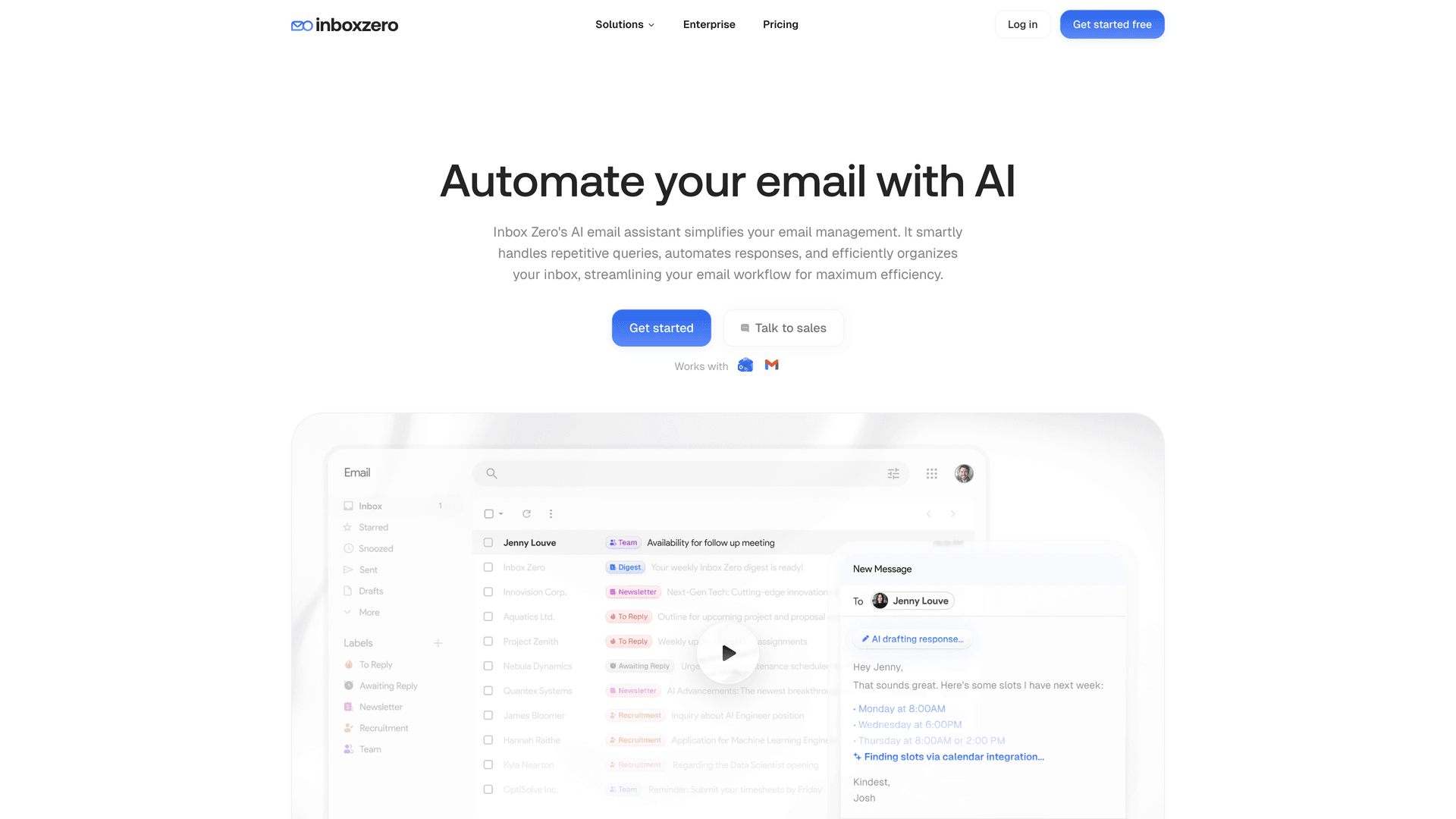 Inbox Zero AI automation page showing "Automate your email with AI" headline with the product inbox UI displaying AI drafting, labels, and To Reply/Awaiting Reply tracking