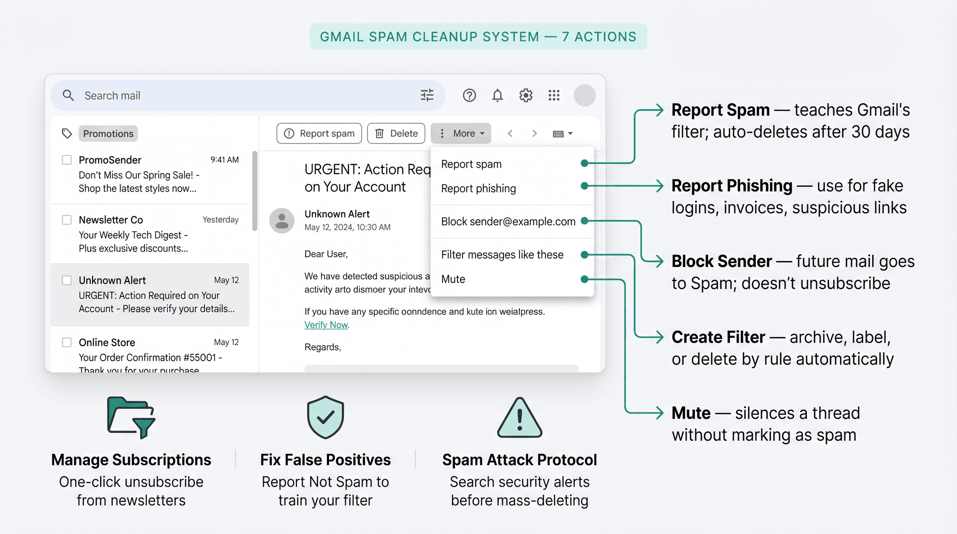 Annotated Gmail desktop UI mockup showing Report Spam, Report Phishing, Block Sender, and Filter options with labeled callouts
