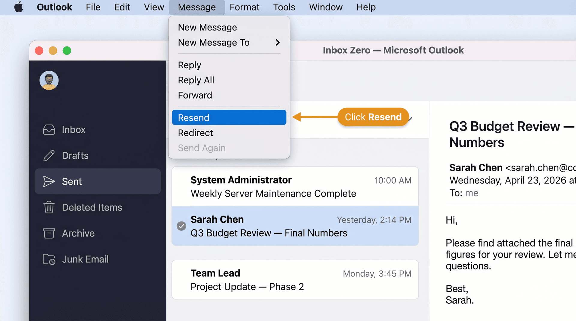 Outlook for Mac interface showing the Message menu bar dropdown open with Resend option highlighted in blue