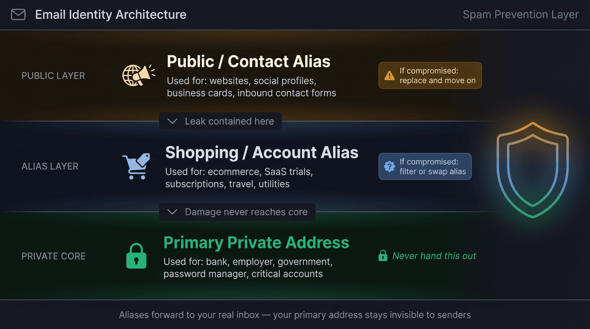 Three-tier email identity architecture diagram showing primary address, shopping alias, and public alias layers