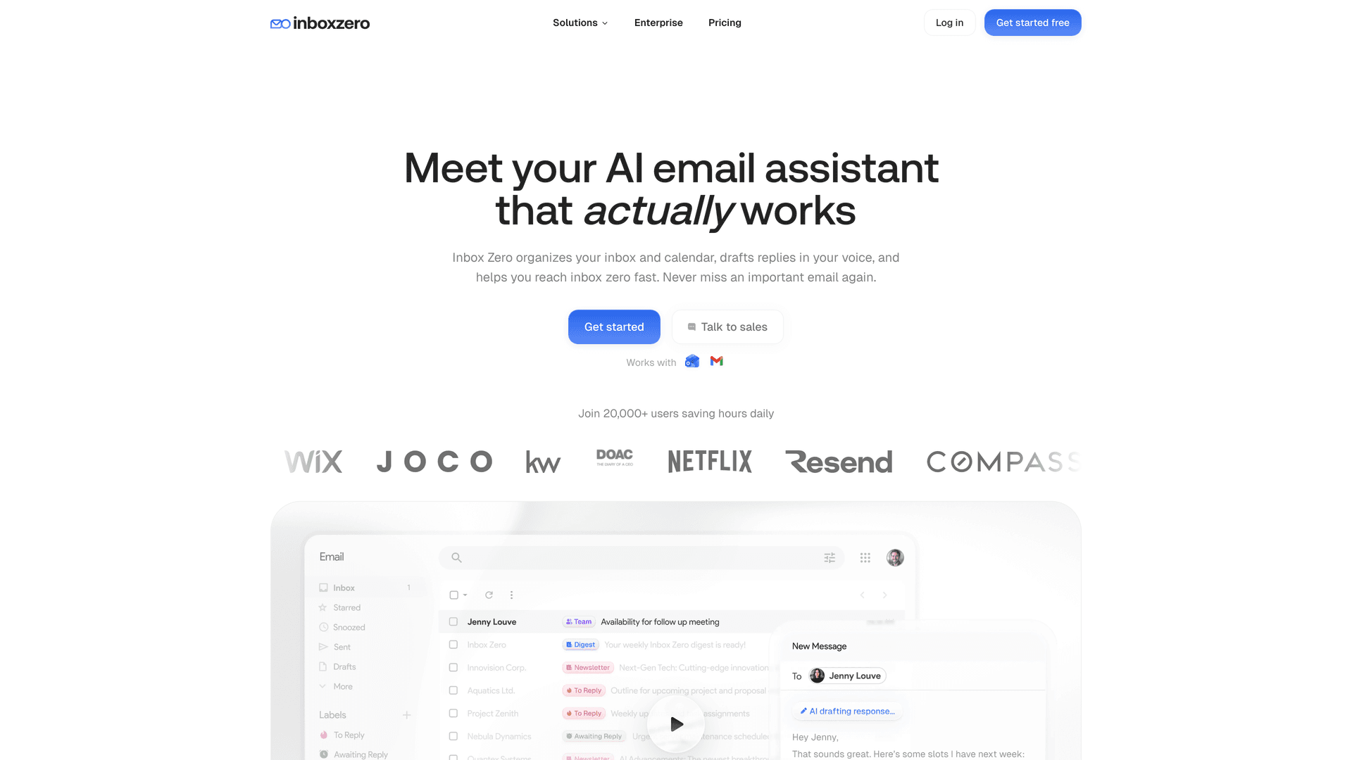 Inbox Zero AI email assistant homepage showing Gmail and Outlook integration, social proof from 20,000+ users, and the product inbox UI